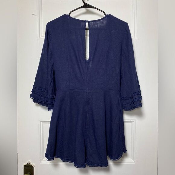 Finders Keepers | Limoncello Tie-Front Flared Sleeve Playsuit Romper Navy Sz 6 - Picture 9 of 13
